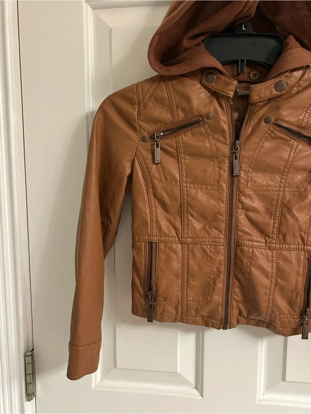 NWT-Girls Hooded Mocha Faux Leather Moto Jacket - Tan